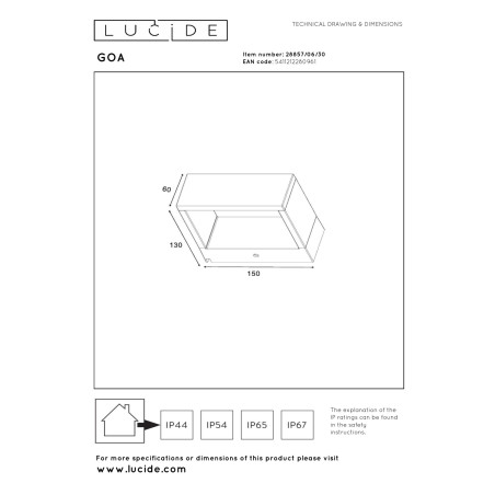 Lucide GOA - Applique murale Intérieur/Extérieur - LED - 1x10W 3000K - IP54 - Anthracite