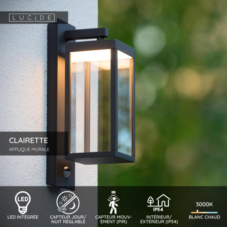 Lucide CLAIRETTE - Applique murale Intérieur/Extérieur - LED - 1x13W 3000K - IP54- Détecteur De Mouvement & Jour/Nuit -