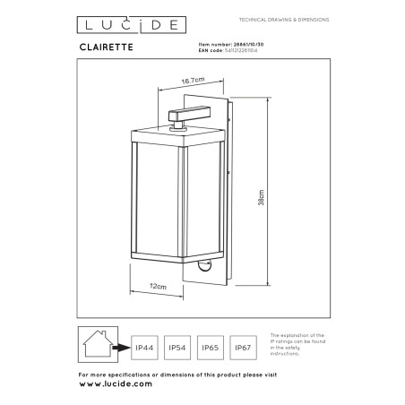 Lucide CLAIRETTE - Applique murale Intérieur/Extérieur - LED - 1x13W 3000K - IP54- Détecteur De Mouvement & Jour/Nuit -