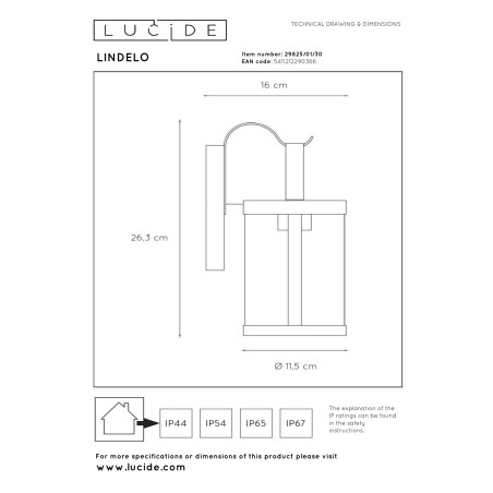 Lucide LINDELO - Applique murale Intérieur/Extérieur - 1xE27 - IP23 - Noir