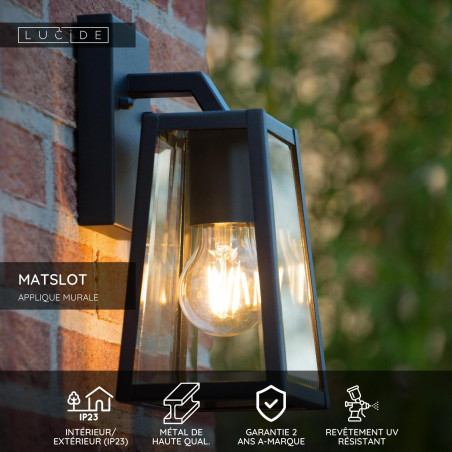 Lucide MATSLOT - Applique murale Intérieur/Extérieur - 1xE27 - IP23 - Noir - L 14,2 x P 13 x H 24,6 cm