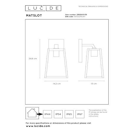 Lucide MATSLOT - Applique murale Intérieur/Extérieur - 1xE27 - IP23 - Noir - L 14,2 x P 13 x H 24,6 cm