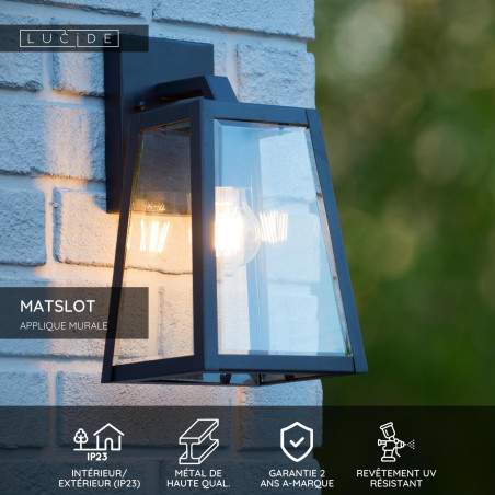 Lucide MATSLOT - Applique murale Intérieur/Extérieur - 1xE27 - IP23 - Noir - L 18 x P 16,5 x H 30,5 cm