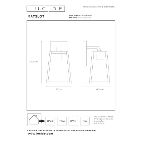 Lucide MATSLOT - Applique murale Intérieur/Extérieur - 1xE27 - IP23 - Noir - L 18 x P 16,5 x H 30,5 cm