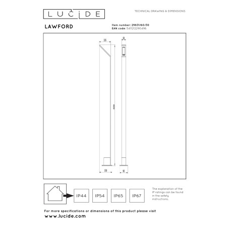 Lucide LAWFORD - Borne extérieur - LED - 1x6W 3000K - IP54 - Noir - L 15 x P 9,5 x H 60 cm