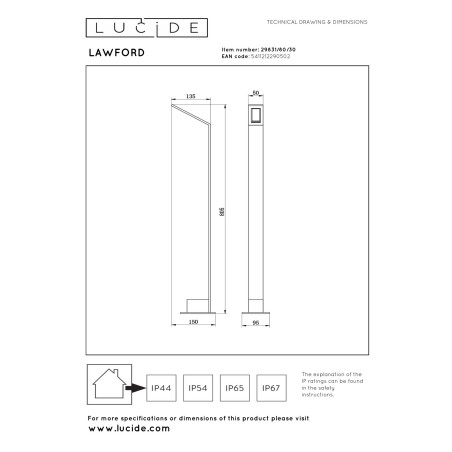 Lucide LAWFORD - Borne extérieur - LED - 1x6W 3000K - IP54 - Noir - L 15 x P 9,5 x H 80,5 cm