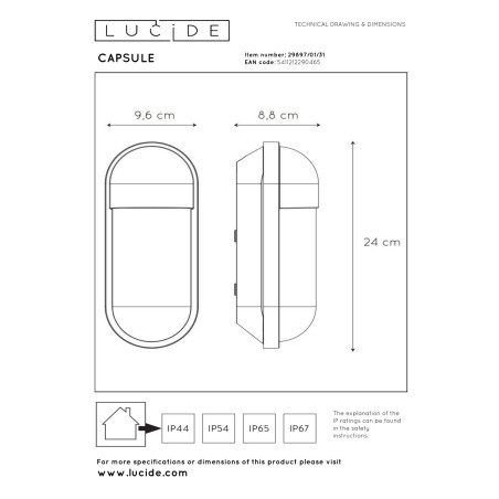 Lucide CAPSULE - Applique murale Intérieur/Extérieur - 1xE27 - IP54 - Blanc