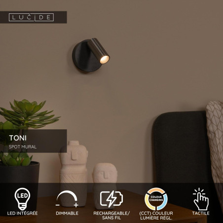 Lucide TONI - Spot mural / Applique mural Rechargeable - Batterie/Piles - Ø 8,1 cm - LED Dim. - CCT - 1x2W - Réf. 29933/02/15