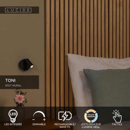 Lucide TONI - Spot mural / Applique mural Rechargeable - Batterie/Piles - Ø 8,1 cm - LED Dim. - CCT - 1x2W - Réf. 29933/02/30