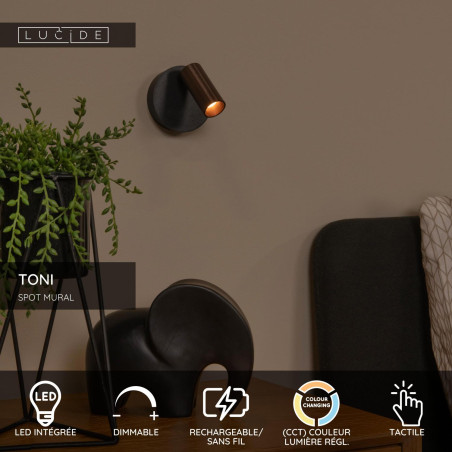 Lucide TONI - Spot mural / Applique mural Rechargeable - Batterie/Piles - Ø 8,1 cm - LED Dim. - CCT - 1x2W - Réf. 29933/02/96