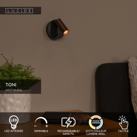 Lucide TONI - Spot mural / Applique mural Rechargeable - Batterie/Piles - Ø 8,1 cm - LED Dim. - CCT - 1x2W - Réf. 29934/02/15