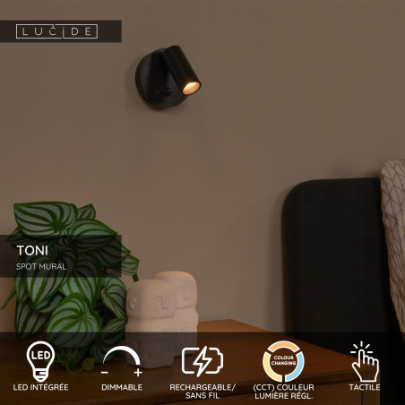 Lucide TONI - Spot mural / Applique mural Rechargeable - Batterie/Piles - Ø 8,1 cm - LED Dim. - CCT - 1x2W - Réf. 29934/02/30