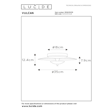 Lucide VULCAN - Plafonnier - Ø 35 cm - LED Dim. - 1x9W 3000K - Noir