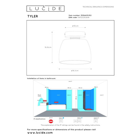 Lucide TYLER - Plafonnier Salle de bains - Ø 16,1 cm - 1xG9 - IP44 - Or Mat / Laiton