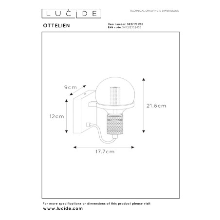 Lucide OTTELIEN - Applique murale - Ø 17,7 cm - 1xE27 - Noir