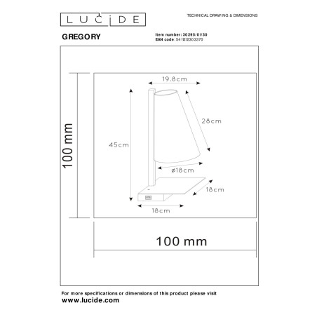 Lucide GREGORY - Lampe de chevet / Applique mural - 1xE27 - Point de rechargement USB - Noir