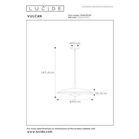 Lucide VULCAN - Suspension - Ø 47 cm - LED Dim. - 1x9W 3000K - Noir