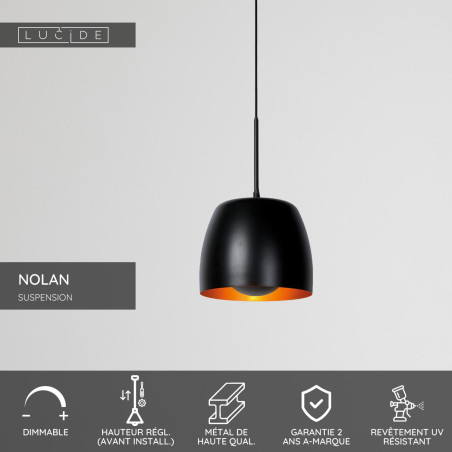 Lucide NOLAN - Suspension - Ø 24 cm - 1xE27 - Noir