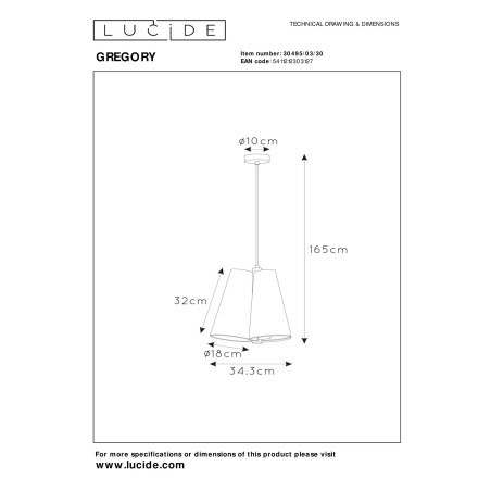 Lucide GREGORY - Suspension - Ø 34,3 cm - 3xE27 - Noir