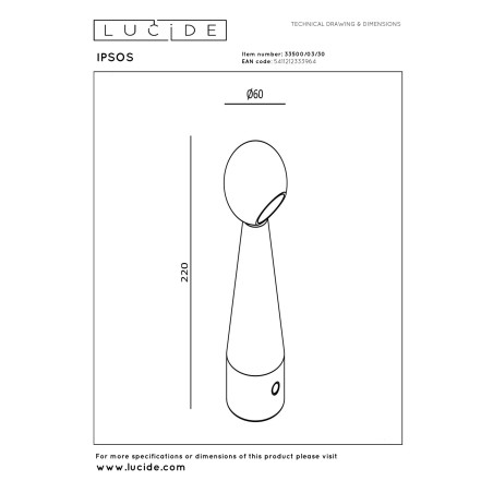 Lucide IPSOS - Lampe de table Rechargeable - Batterie/Piles - LED Dim. - 1x3W 2700K - Noir