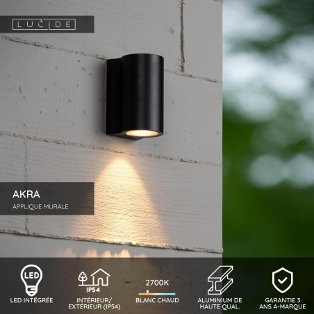 Lucide AKRA - Applique murale Intérieur/Extérieur - LED - 1x6W 2700K - IP54 - Noir