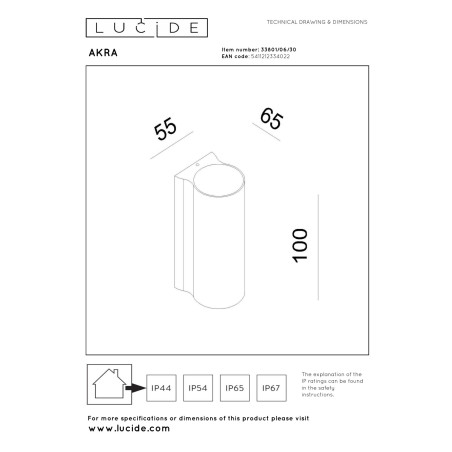 Lucide AKRA - Applique murale Intérieur/Extérieur - LED - 1x6W 2700K - IP54 - Noir
