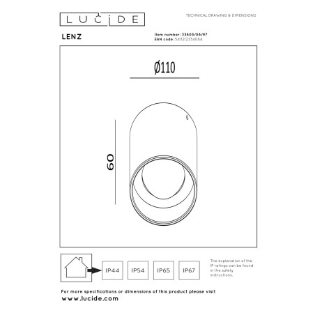 Lucide LENZ - Spot plafond Intérieur/Extérieur - Ø 11 cm - LED - 1x8W 2700K - IP54 - Rouille - Essential