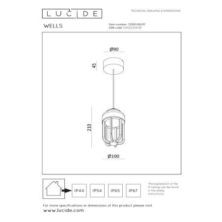 Lucide WELLS - Suspension Intérieur/Extérieur - Ø 10 cm - LED - 1x8W 2700K - IP54 - Rouille - Essential