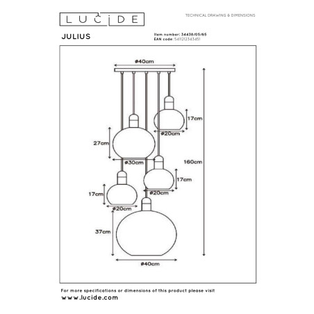Lucide JULIUS - Suspension - 5xE27 - Fumé
