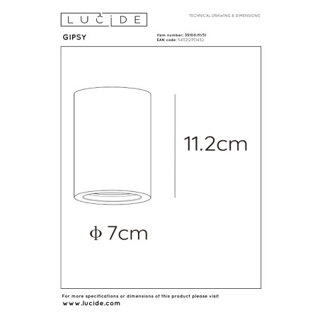 Lucide GIPSY - Spot plafond - Ø 7 cm - 1xGU10 (MR16) - Blanc - H 11,2 cm