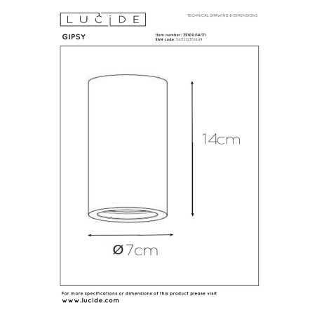 Lucide GIPSY - Spot plafond - Ø 7 cm - 1xGU10 (MR16) - Blanc - H 14 cm
