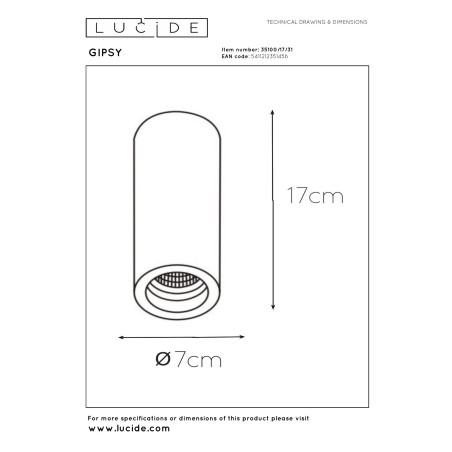 Lucide GIPSY - Spot plafond - Ø 7 cm - 1xGU10 (MR16) - Blanc - H 17 cm