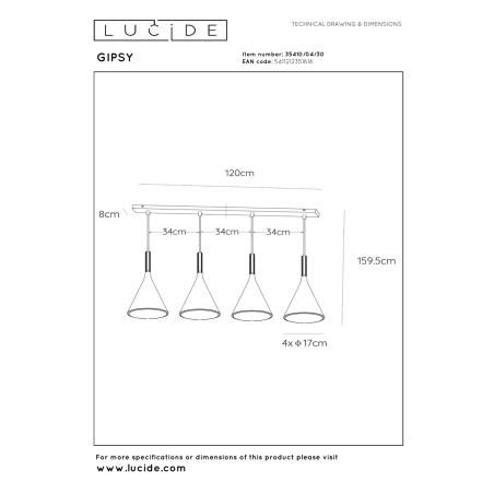 Lucide GIPSY - Suspension - 4xE27 - Noir