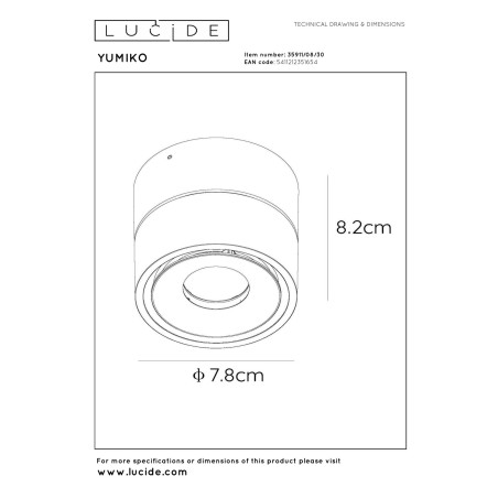 Lucide YUMIKO - Spot plafond - Ø 7,8 cm - LED Dim. - 1x10W 2700K - Noir
