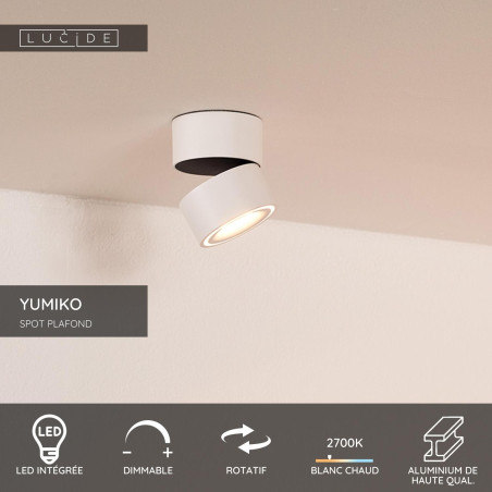 Lucide YUMIKO - Spot plafond - Ø 7,8 cm - LED Dim. - 1x10W 2700K - Blanc