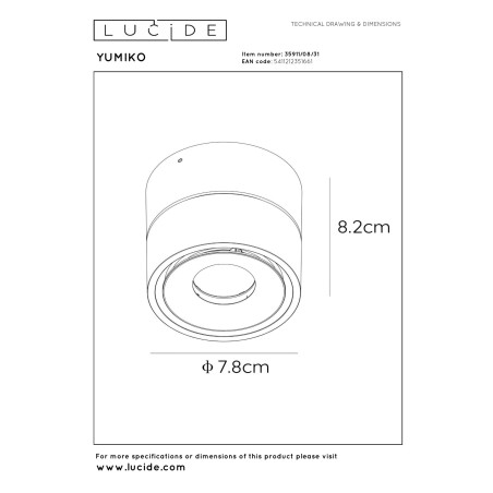 Lucide YUMIKO - Spot plafond - Ø 7,8 cm - LED Dim. - 1x10W 2700K - Blanc