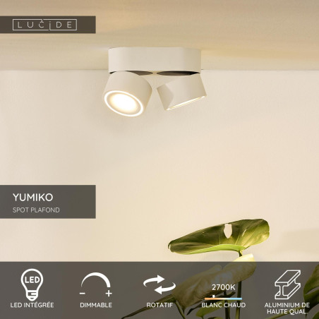 Lucide YUMIKO - Spot plafond - Ø 7,8 cm - LED Dim. - 2x10W 2700K - Blanc