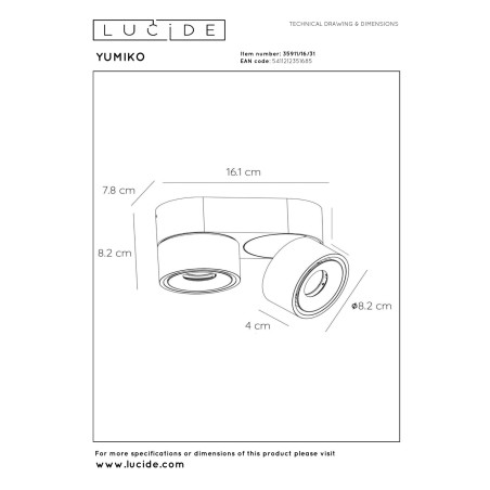 Lucide YUMIKO - Spot plafond - Ø 7,8 cm - LED Dim. - 2x10W 2700K - Blanc