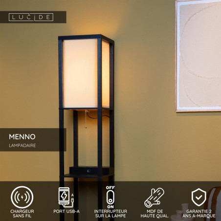 Lucide MENNO - Lampadaire - 1xE27 - Avec chargeur sans fil - Noir