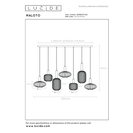 Lucide MALOTO - Suspension - 7xE27 - Ambre
