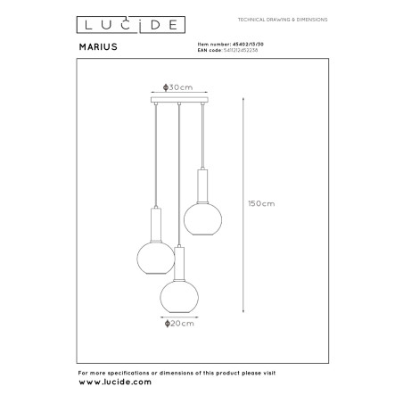 Lucide MARIUS - Suspension - Ø 48,5 cm - 3xE27 - Noir