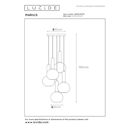 Lucide MARIUS - Suspension - Ø 55 cm - 5xE27 - Noir
