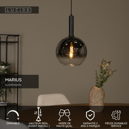 Lucide MARIUS - Suspension - Ø 30 cm - 1xE27 - Noir