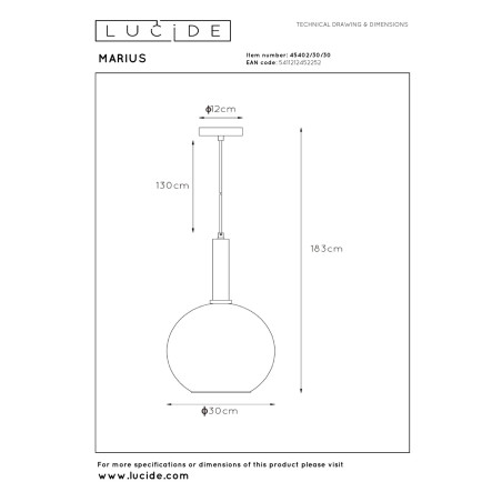 Lucide MARIUS - Suspension - Ø 30 cm - 1xE27 - Noir