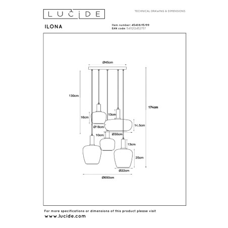 Lucide ILONA - Suspension - 5xE27 - Noir