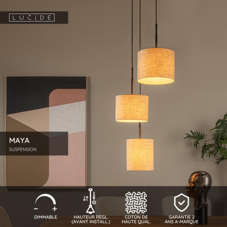 Lucide MAYA - Suspension - Ø 46 cm - 3xE27 - Crème