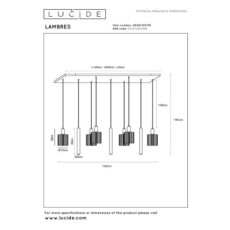 Lucide LAMBRES - Suspension - 6xE27 - Noir