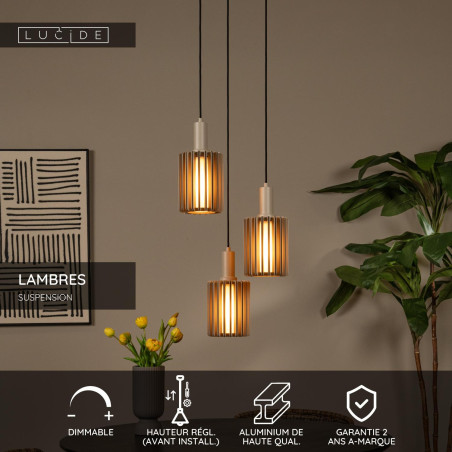 Lucide LAMBRES - Suspension - 3xE27 - Taupe