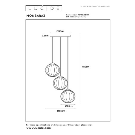 Lucide MONSARAZ - Suspension - Ø 35 cm - 3xE27 - Vert