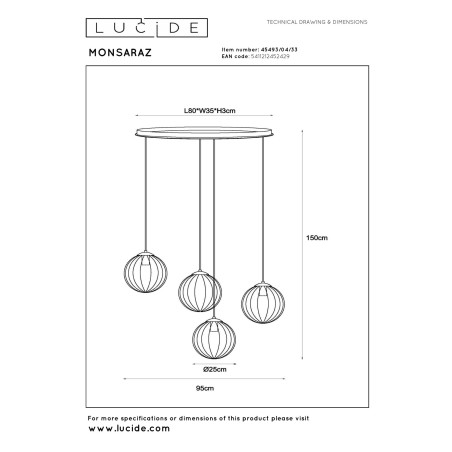 Lucide MONSARAZ - Suspension - 4xE27 - Vert